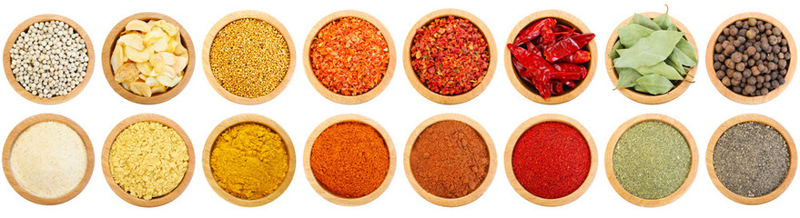 Different aromatic spices in bowls isolated on white, set. Top view