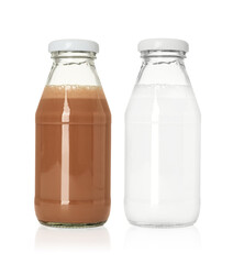 Chocolate drink and milk in glass bottles isolated on white
