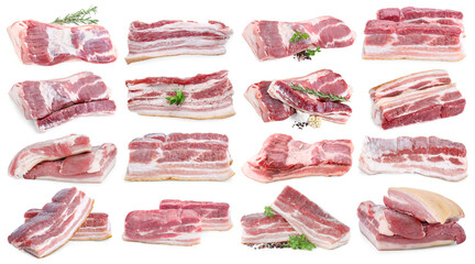 Fresh raw pork meat on white background, collage