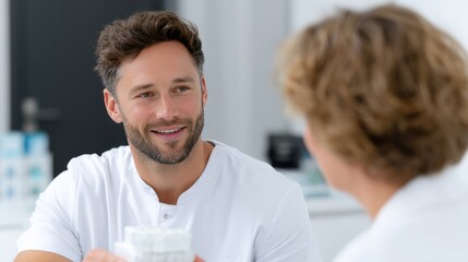 Dentist explaining jaw model to patient in clinic