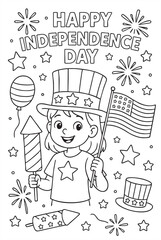 Patriotic-themed coloring page featuring a cheerful child with flags, stars, and fireworks. Festive scene designed for celebrating national holidays.