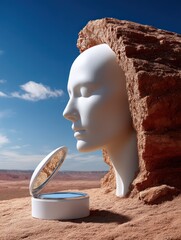 Desert serenity Woman's head, mirror, open box, canyon