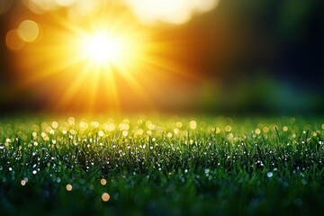 Fototapeta premium Sunlit dew drops on grass, blurred background