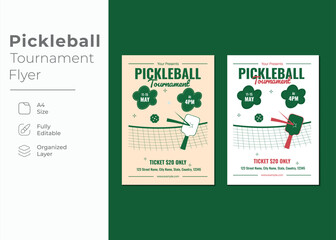 Gray White Green Pickleball Club Tournament Event Flyer or Poster Vector with Retro Paddle Illustration for Advertising Competition Events, Training, Matches