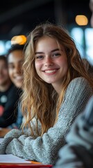 Smiling young woman with friends in background.  Happy group setting