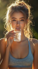 Woman drinks water, sunlit, outdoors.  Healthy lifestyle