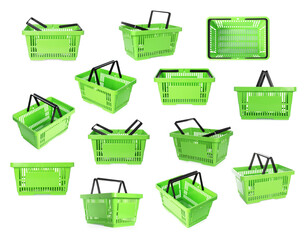 Green shopping basket on white background, collage. View from different sides