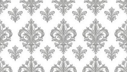 Large-scale damask pattern with bold, swirling leaves and vines in muted grey on white , classic, bold, large scale
