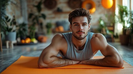 Muscular man rests on orange mat,  home workout.  Serious expression, well-lit