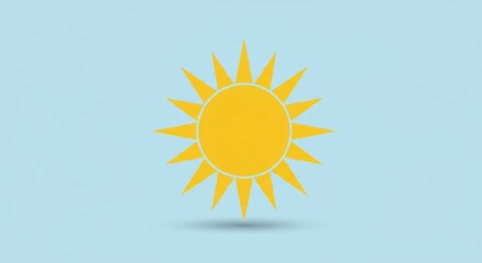 Fototapeta premium Bright yellow sun symbol with pointed rays on light blue background. Summer and sunshine concept. Weather and climate visualization. Positive energy and happiness theme