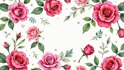 Intricate watercolor roses & leaves, repeating pattern, backdrop, design element, spring