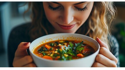 Woman enjoying the aroma of a hearty vegetable soup