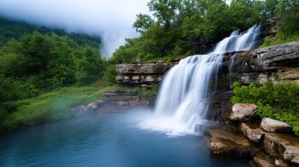 Obraz premium Water flows dramatically over rocky formations, creating a tranquil pool surrounded by dense trees and misty mountains in the background. Nature's beauty captivates the senses.