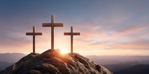 Three wooden crosses stand atop a rocky hill against a sunset sky, symbolizing faith and spirituality. The warm light of the setting sun casts a reverent glow over the scene.