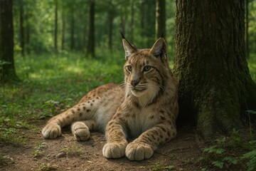 Majestic lynx rests gracefully under a towering tree in a serene forest setting at dawn