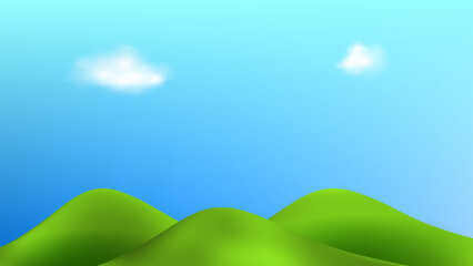 Obraz premium 3D landscape with green hills, mountains, and a textured grass field creates a playful eco friendly park scene.Childish vector illustration.