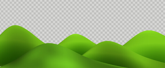 3D  landscape with green hills, mountains, and a textured grass field creates a playful eco friendly park scene.Childish vector illustration.