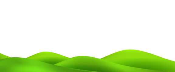 3D  landscape with green hills, mountains, and a textured grass field creates a playful eco friendly park scene.Childish vector illustration.