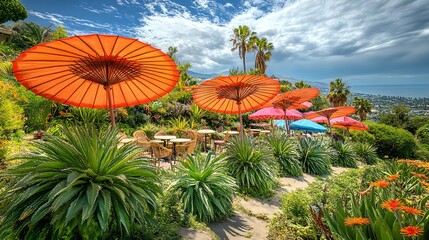Vibrant Garden Cafe with Colorful Parasols and Ocean View