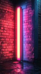 Neon light illuminates a brick alleyway, casting vibrant pink and blue hues on the wet ground