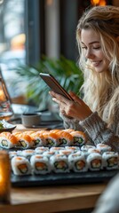 Woman enjoys sushi while using tablet at cafe