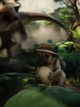 Funny Pug Explorer Holding Dinosaur Egg in Prehistoric Jungle &ndash; Whimsical Animal Adventure Scene