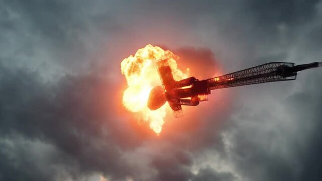 High-Rise Tower Exploding in Fiery Blast Against Dramatic Evening Sky