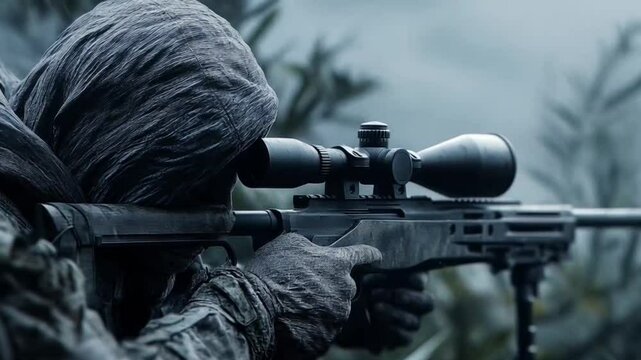 Military Sniper Aiming Rifle in Rainforest Camouflage During Covert Operation