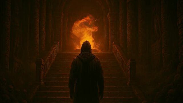 Mysterious Hooded Figure Facing Fiery Spirit in Ancient Ritual Temple