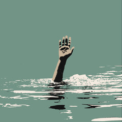 A Hand Reaching from the Sea – Illustration of Drowning, Migration, and Social Crisis in the Mediterranean