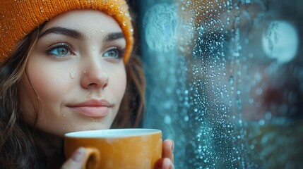 Woman enjoys warm drink, gazing out rainy window. Serene autumnal scene