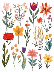 Set of blooming flower blossoms with garden branches and spring floral stems, including lily, protea, chrysanthemum, anemone, and gladiolus