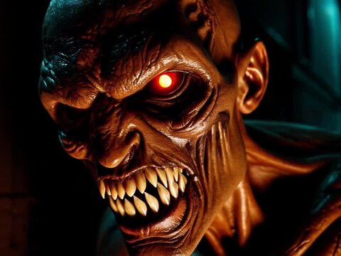 Terrifying Monster with Glowing Red Eyes and Sharp Teeth in Dark Horror Scene
