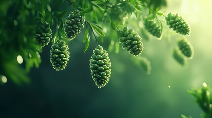 Cluster of pine cones hanging from a tree branch. The pine cones are green and appear to be fresh