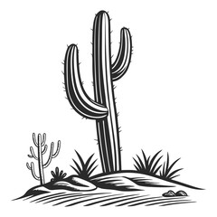 Vintage desert scene with stylized cactus and flora in black and white