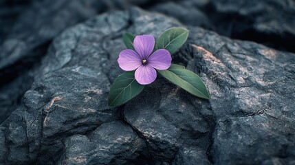 Purple wildflower grows between green leaves on textured dark rocks, creating a beautiful contrast in nature.
