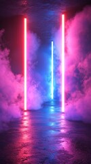 Neon lights illuminate a smoky, dark space, creating a vibrant, atmospheric scene. Reflections shimmer on the wet floor