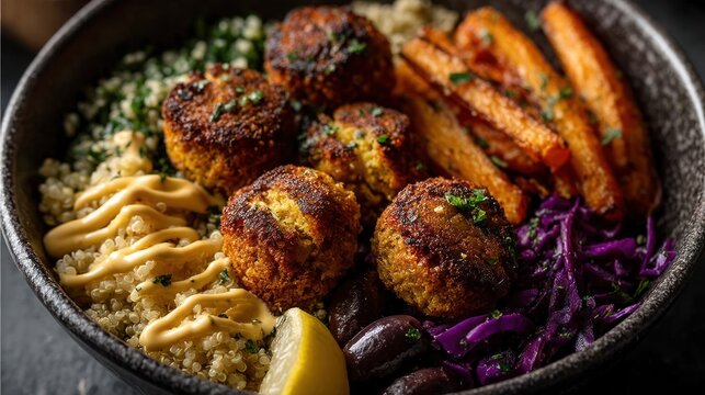 Falafel bowl quinoa carrots restaurant food
