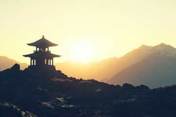 Naklejka premium A silhouette of an ancient Japanese pagoda against the backdrop of mountains and sunset Generative AI