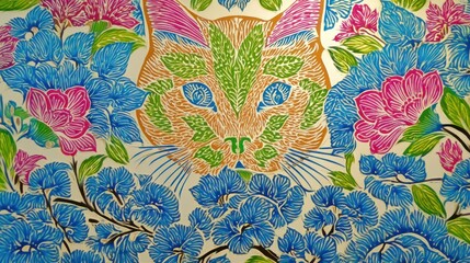 Floral Cat Wall Art, Asian Design, Interior Decor
