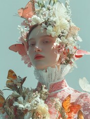Floral Crown Woman Butterflies Studio Portrait