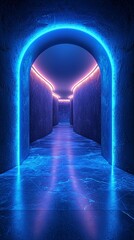 Neon-lit archway leads to a glowing, curved corridor. Reflective floor enhances the vibrant blue and pink lighting