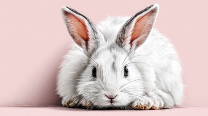 Fluffy bunny rabbit posing pink background studio shot
