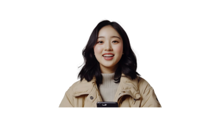 Happy Young Asian Woman Using Smartphone, Smiling at Camera
