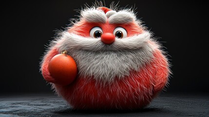 Fototapeta premium Animated, fluffy Santa figure with red outfit and beard, holding bauble