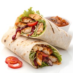 A vibrant chicken fajita wrap, bursting with fresh vegetables and zesty salsa, ready for a healthy meal