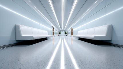 Futuristic corridor, white seats, glowing lines, modern lobby, waiting area