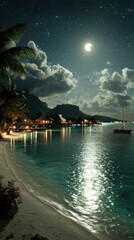 Obraz premium Tropical island night with moonlit beach & overwater bungalows