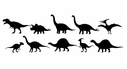 Silhouettes of prehistoric dinosaurs on white background. Generative AI