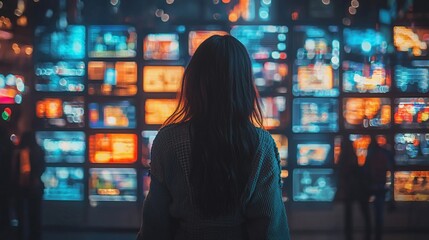 Woman facing vibrant, diverse digital displays, overwhelmed by information overload